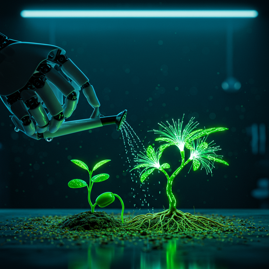 This image depicts a robotic hand gently watering two plants. One plant is a small, vibrant green sprout, while the other is a more mature, stylized plant that appears to be made of glowing, fiber-optic-like strands. The scene is set in a dark, futuristic environment with a neon blue light illuminating the background, highlighting the intersection of technology and nature