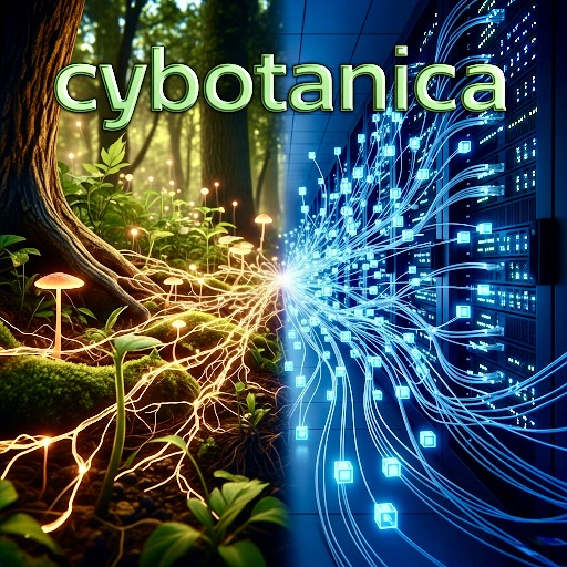 Glowing forest roots and mushrooms connecting to a blue data server, with the word cybotanica